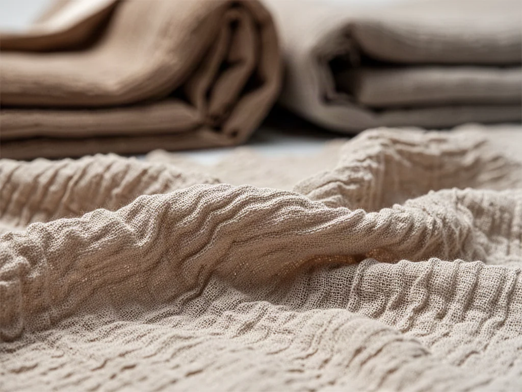 Zbliżenie na charakterystyczną, pofalowaną strukturę tkaniny krepa w neutralnych odcieniach, ukazujące jej matową fakturę.