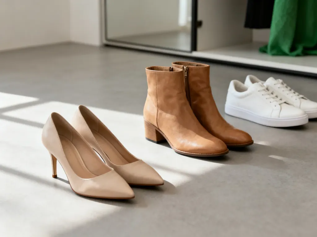 Różne modele damskiego obuwia, od szpilek po sneakersy, zestawione jako inspiracja do stylizacji z zieloną sukienką.