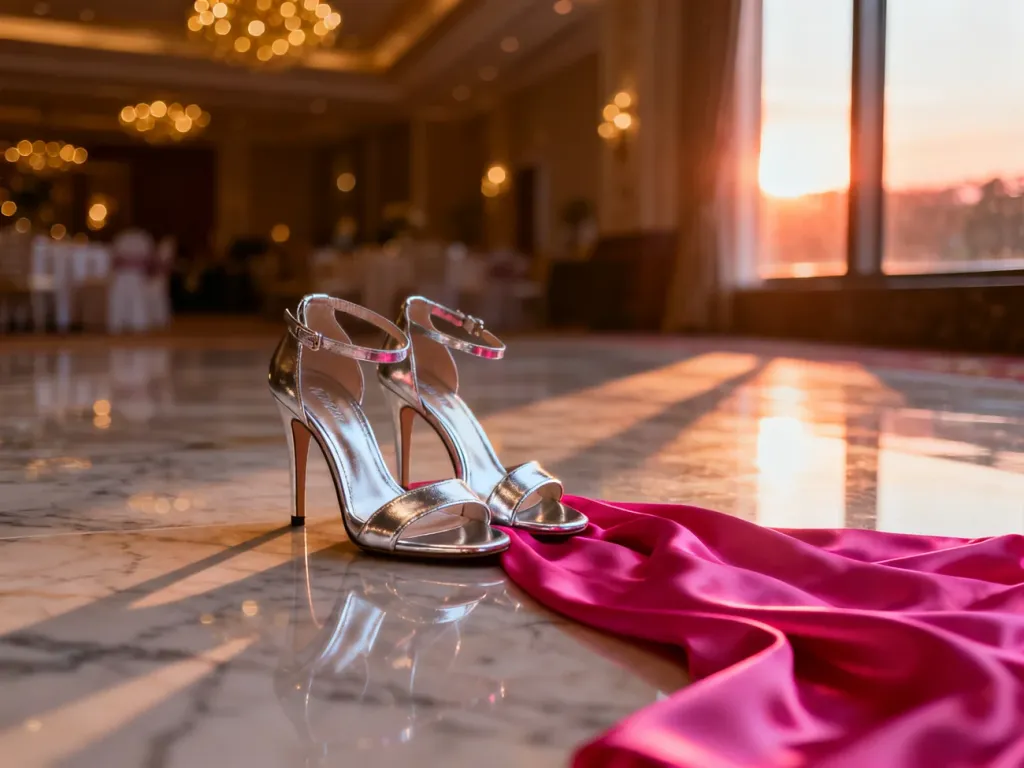 Eleganckie srebrne sandały na obcasie zestawione z fuksjową sukienką na tle luksusowej sali weselnej.