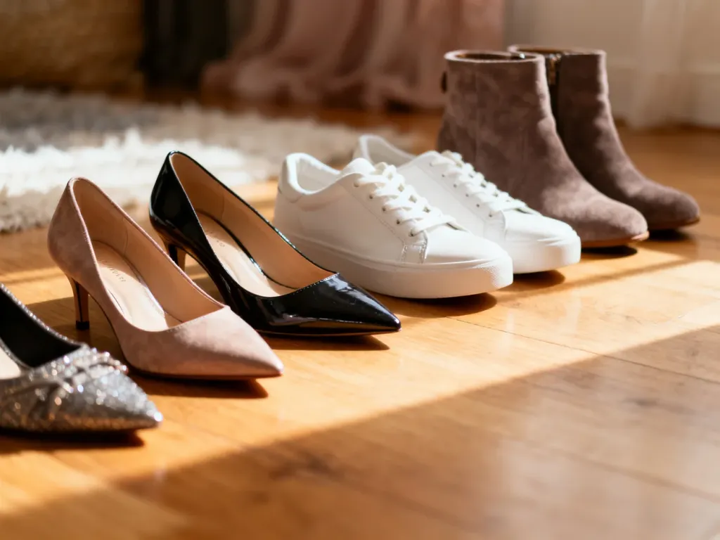 Różnorodne damskie obuwie, od eleganckich szpilek po sneakersy, ułożone na drewnianej podłodze w słonecznym świetle.