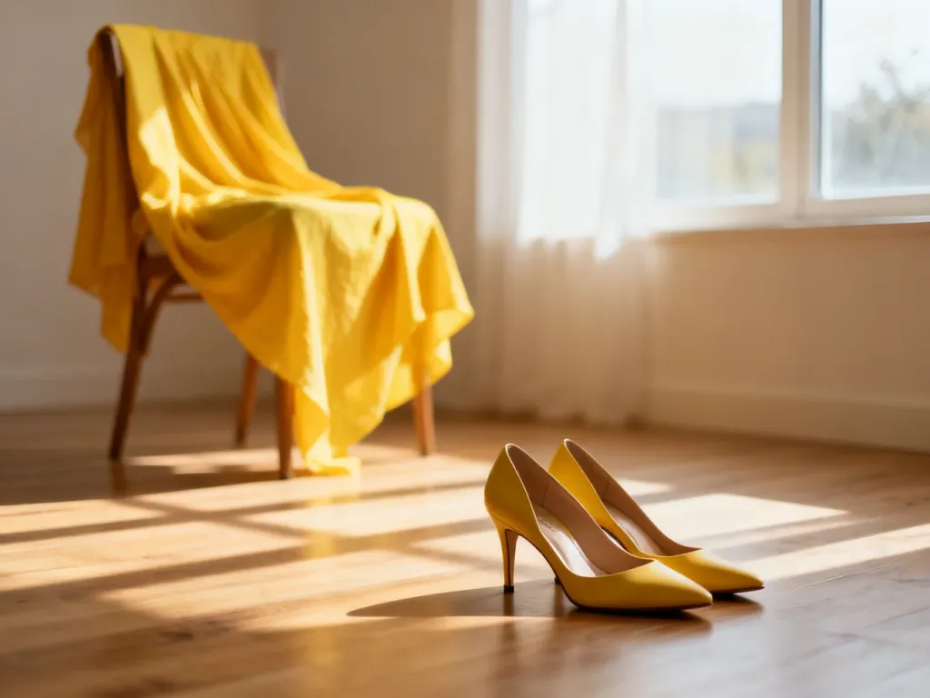 Stylowe buty na obcasie zestawione z żółtą sukienką w słonecznym, letnim wnętrzu.