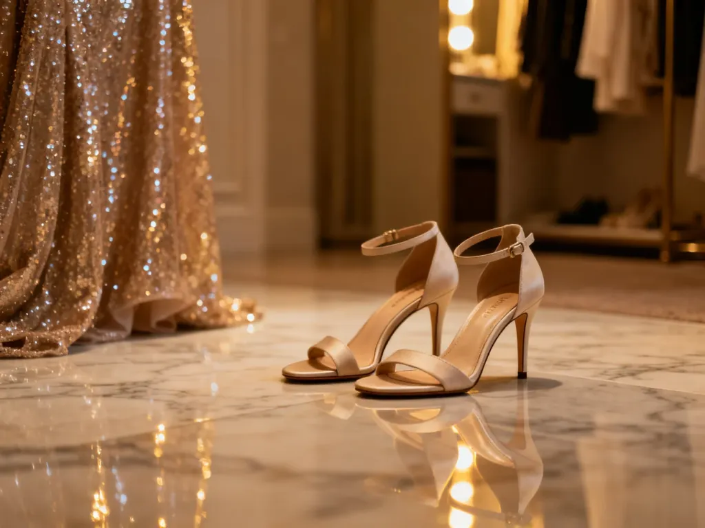 Eleganckie, minimalistyczne sandały na szpilce zestawione z połyskującą cekinową sukienką w luksusowym wnętrzu.